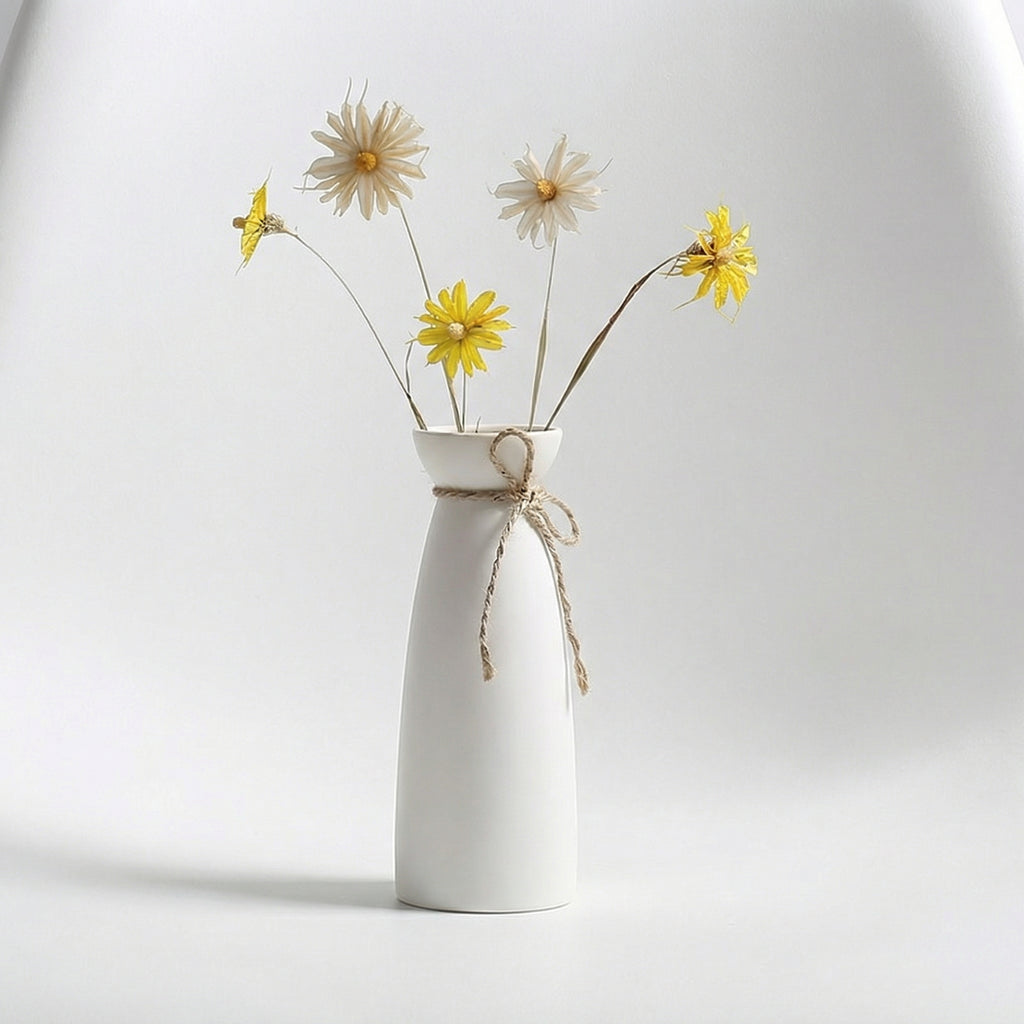 Minimalist White Ceramic Vase with Twine Bow