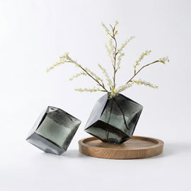 Modern Amber Glass Vase with Geometric Design